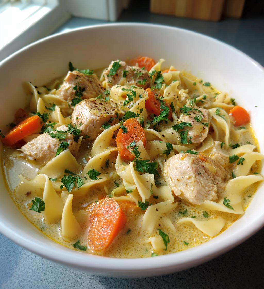 Cremet kyllingesuppe med nudler