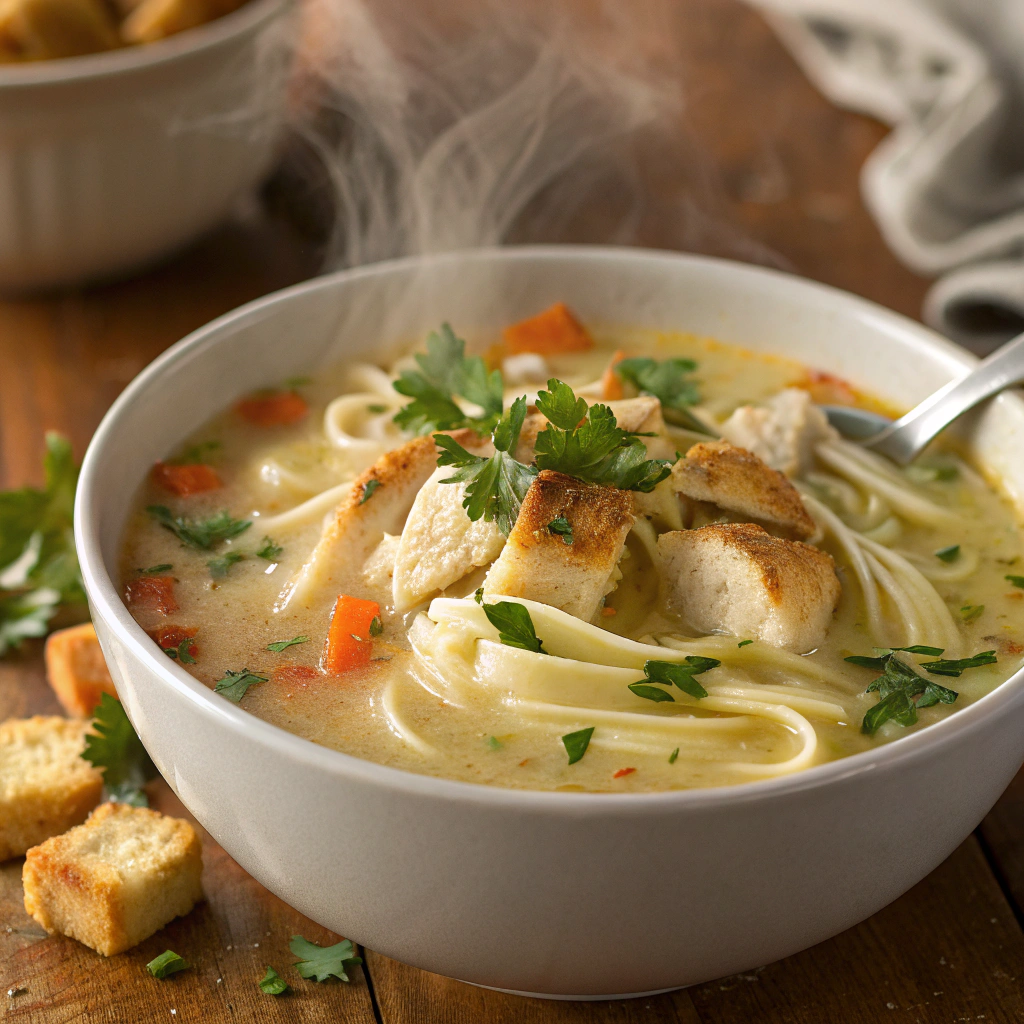 Cremet kyllingesuppe med nudler