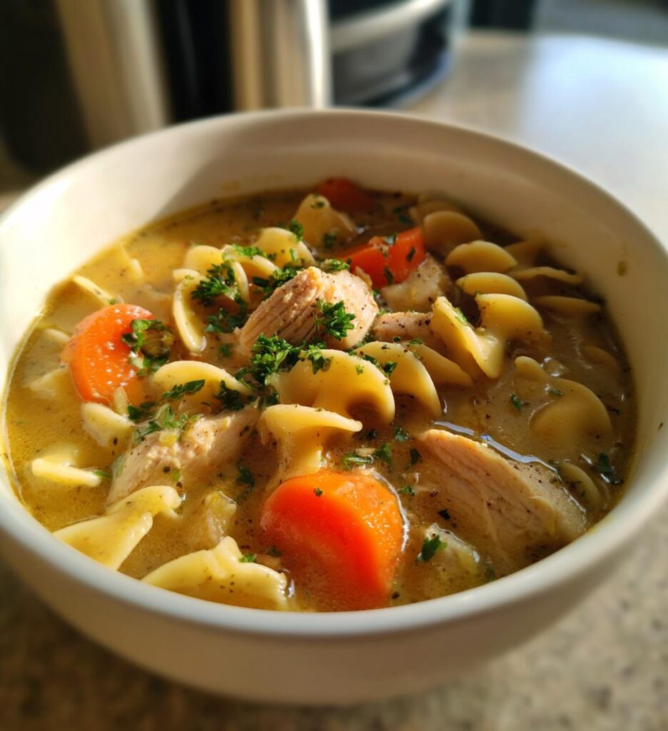 Cremet kyllingesuppe med nudler