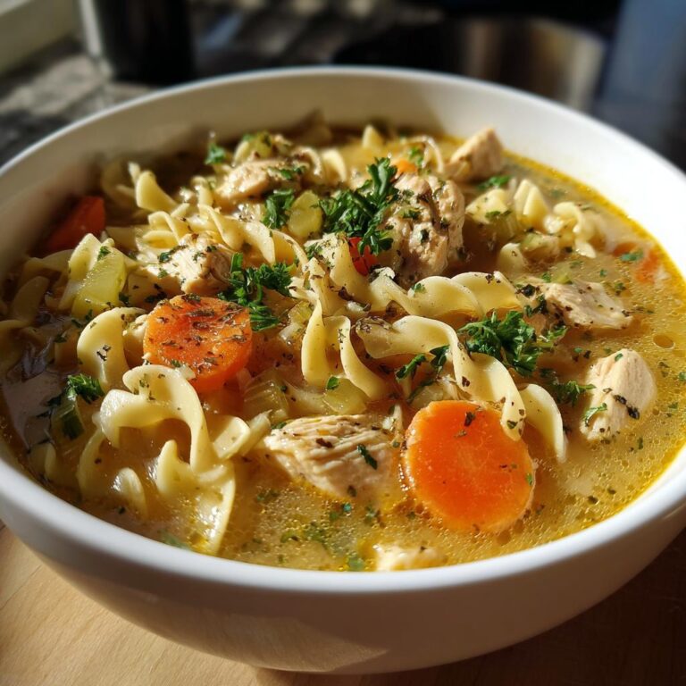 Cremet kyllingesuppe med nudler og grøntsager