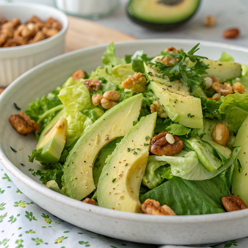 Frisk grøn salat med avocado og nødder