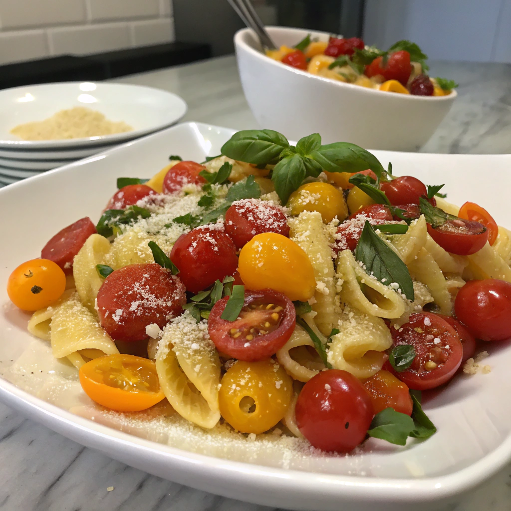 Frisk pastasalat med cherrytomater