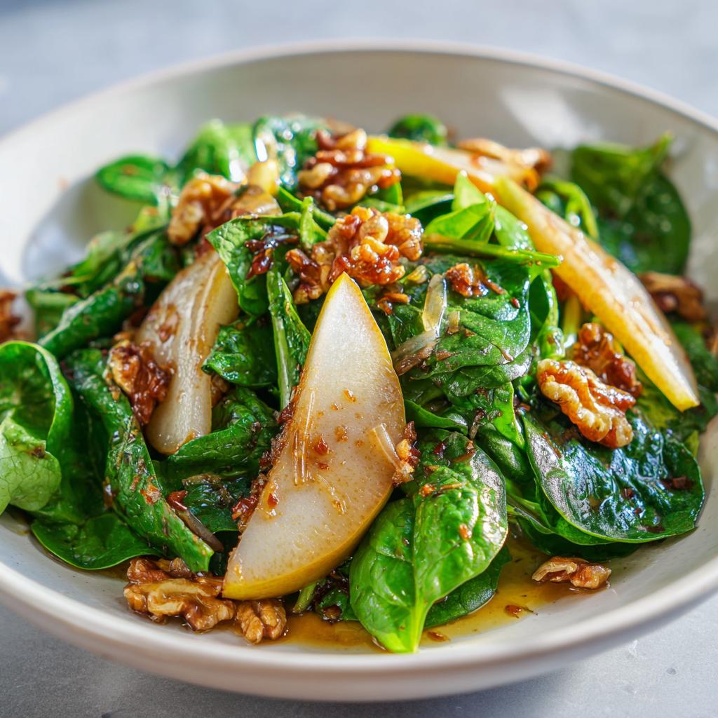 Frisk salat med spinat, pære og valnødder - detail 1