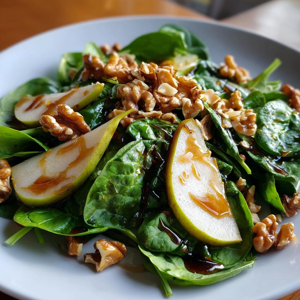 Frisk salat med spinat, pære og valnødder