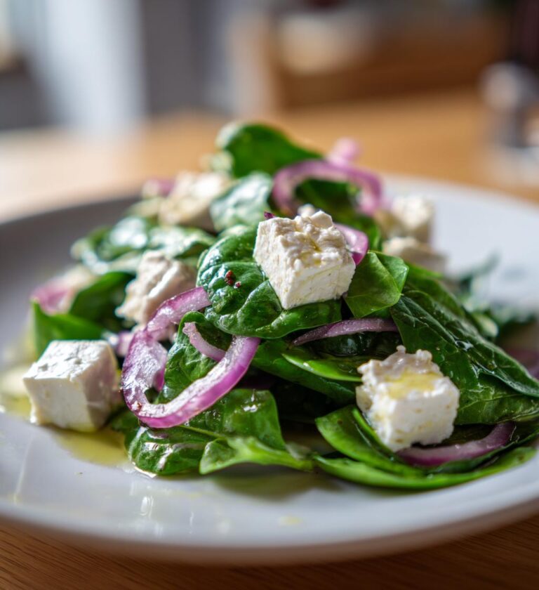 Frisk spinatsalat med rødløg og feta