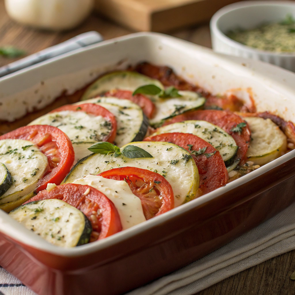 Grøntsagsgratiner med tomat og mozzarella