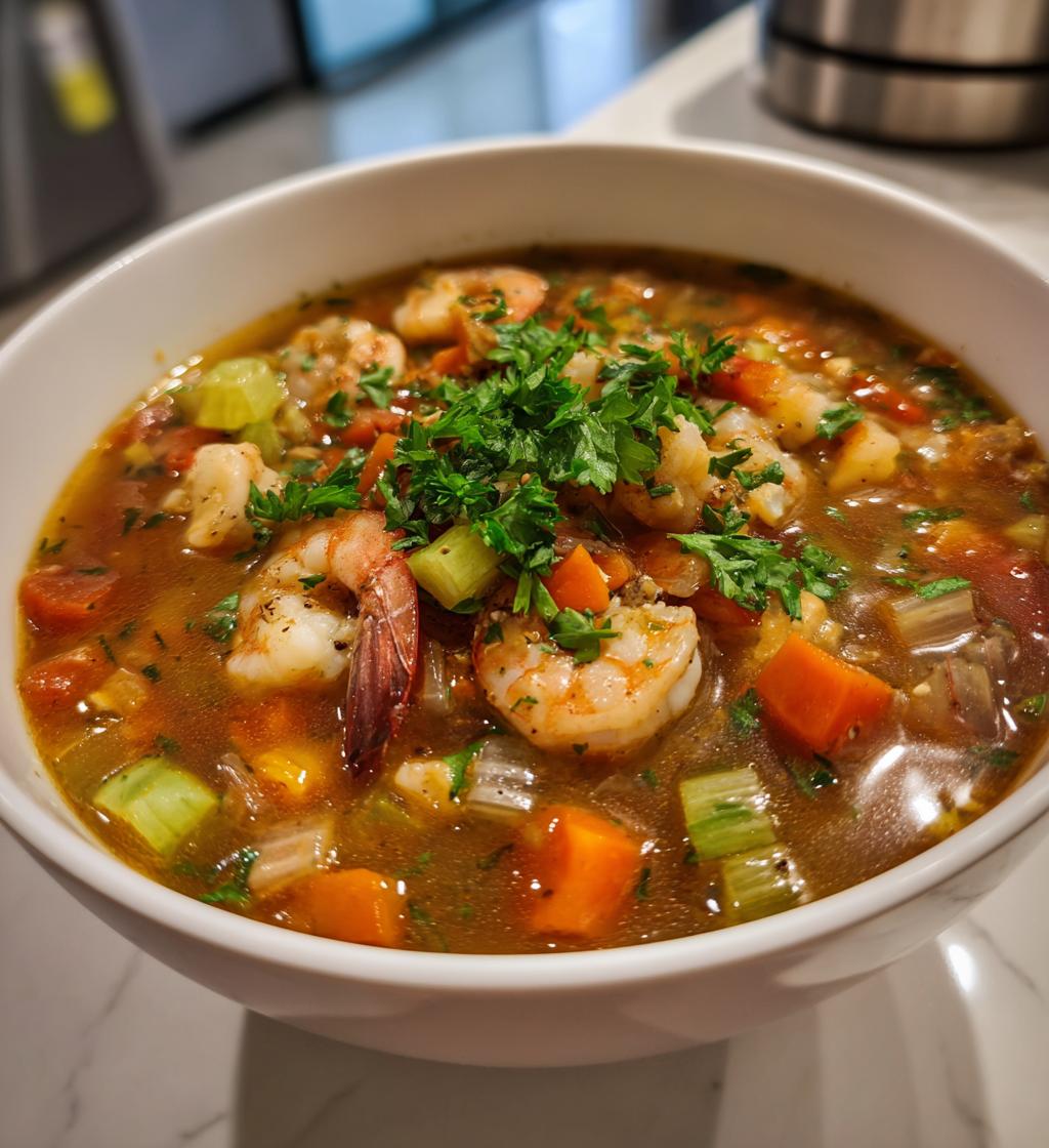 Hjemmelavet fiskesuppe med rejer og grøntsager - detail 1