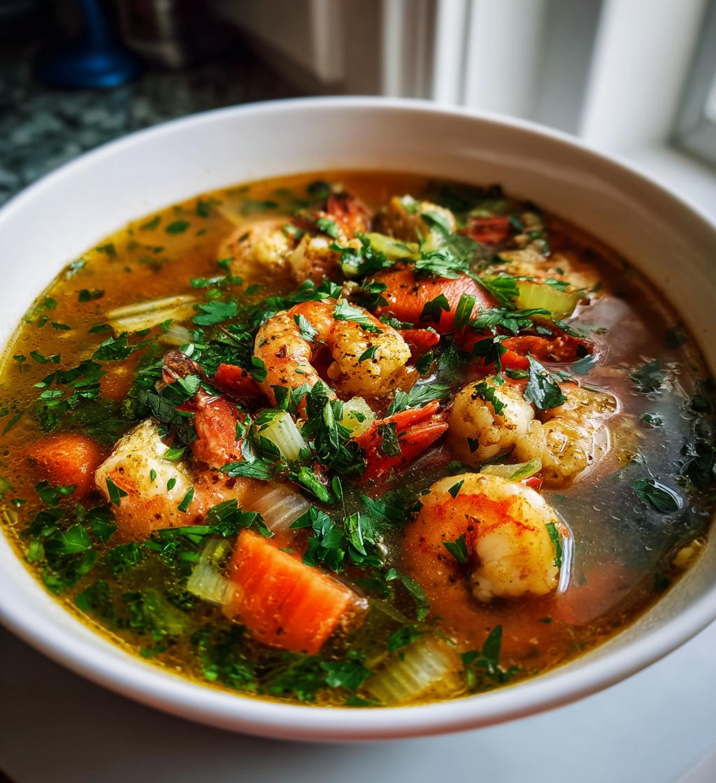 Hjemmelavet fiskesuppe med rejer og grøntsager