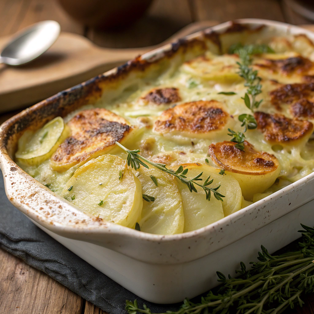 Kartoffelgratin med ost og porrer