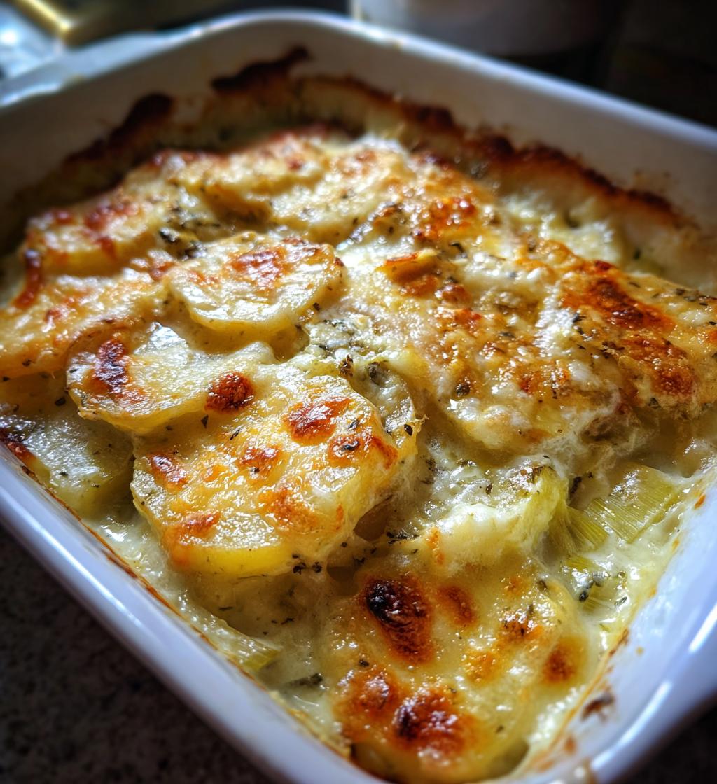 Kartoffelgratin med porre og ost