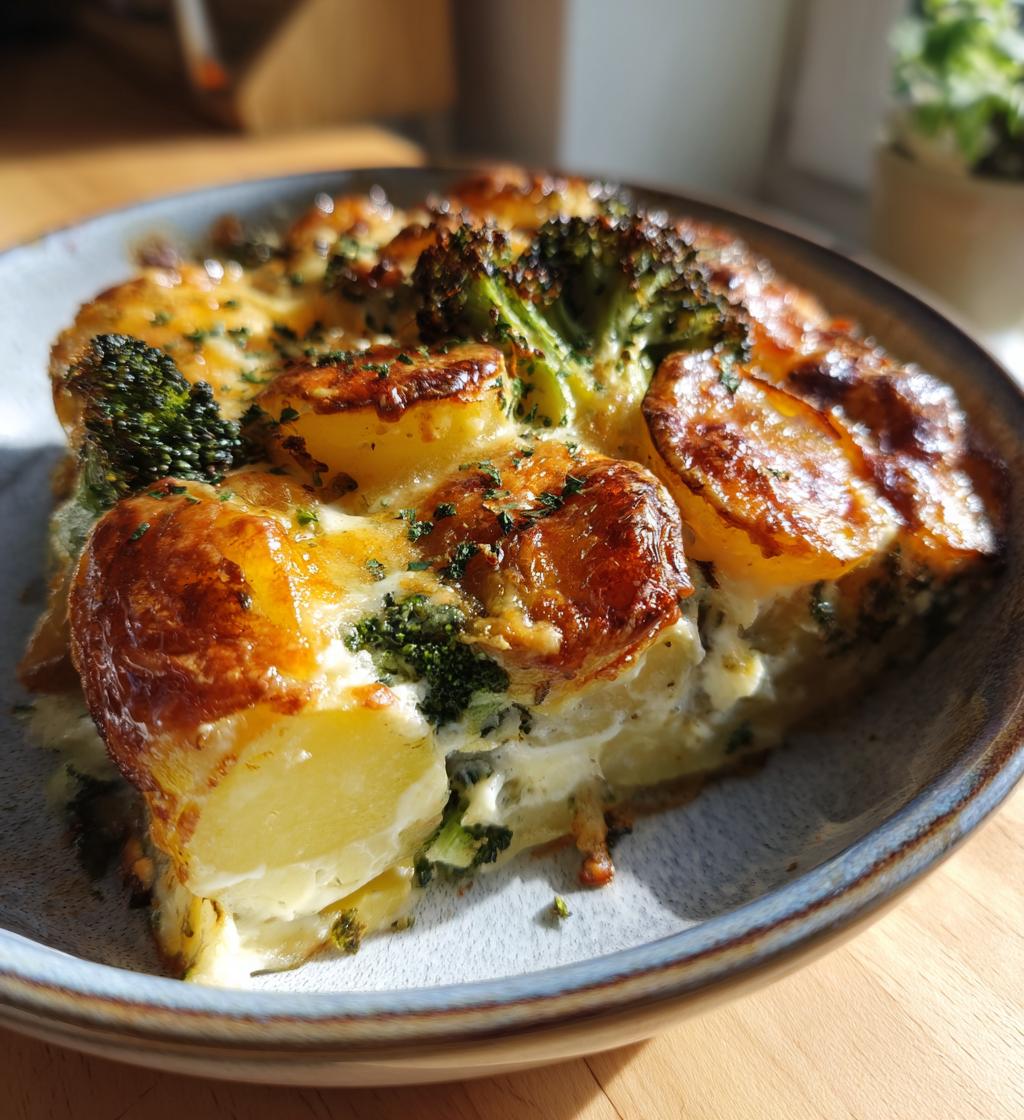 Kartoffel- og broccoli-gratin med ost