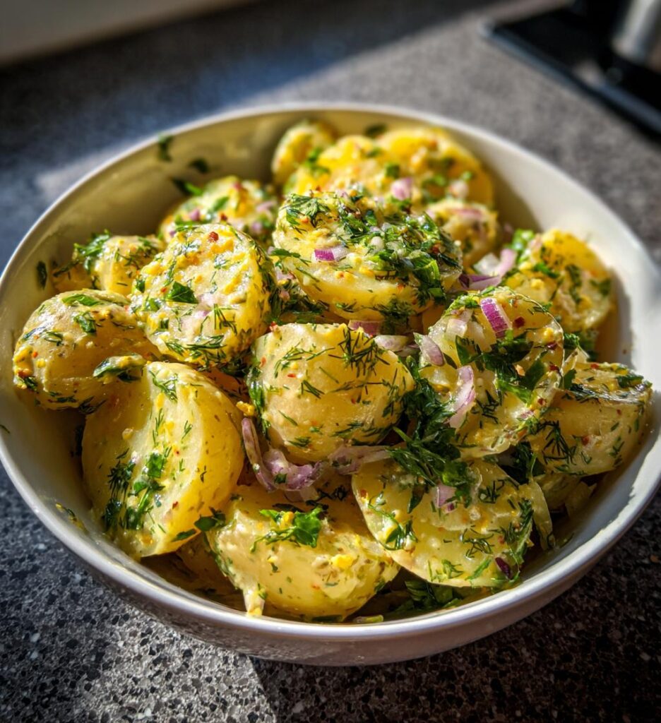Kartoffelsalat med sennep og urter, perfekt til grill og picnic
