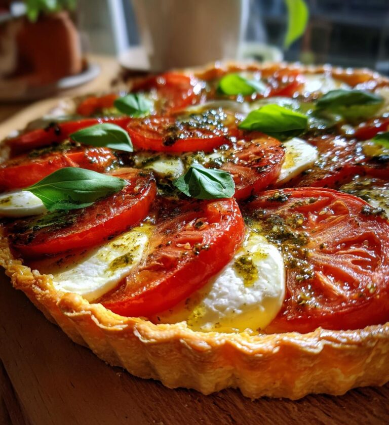 Tomat- og mozzarella-tærte med pesto