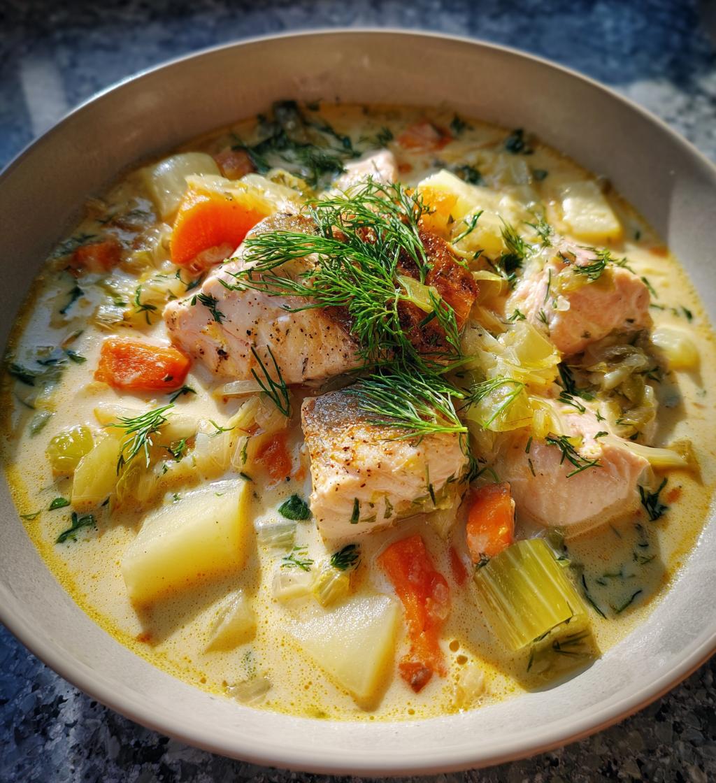 cremet fiskesuppe med grøntsager og urter, nordisk hverdagsmad