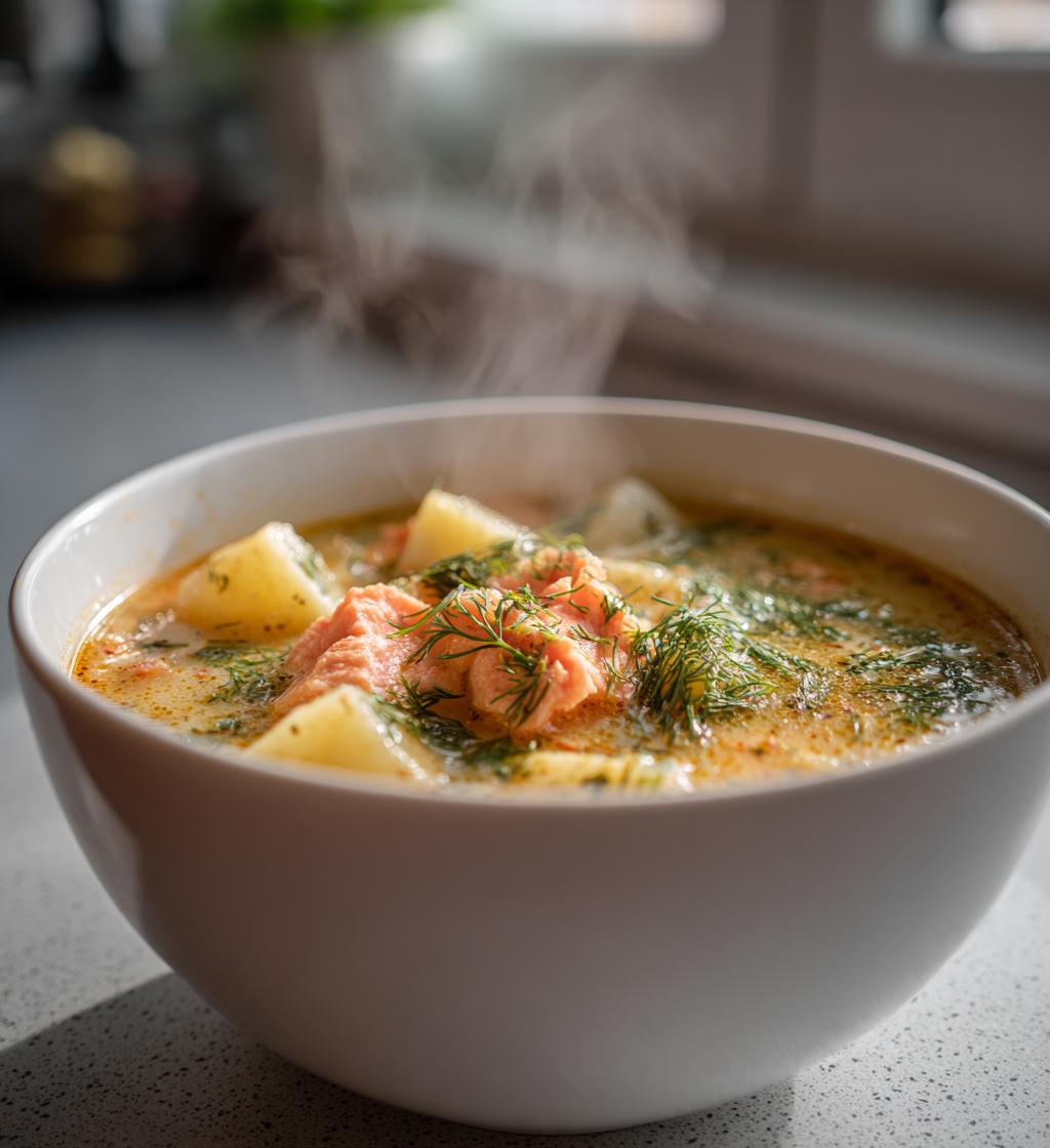 cremet laksesuppe med kartofler og dild, nordisk vintermad - detail 1