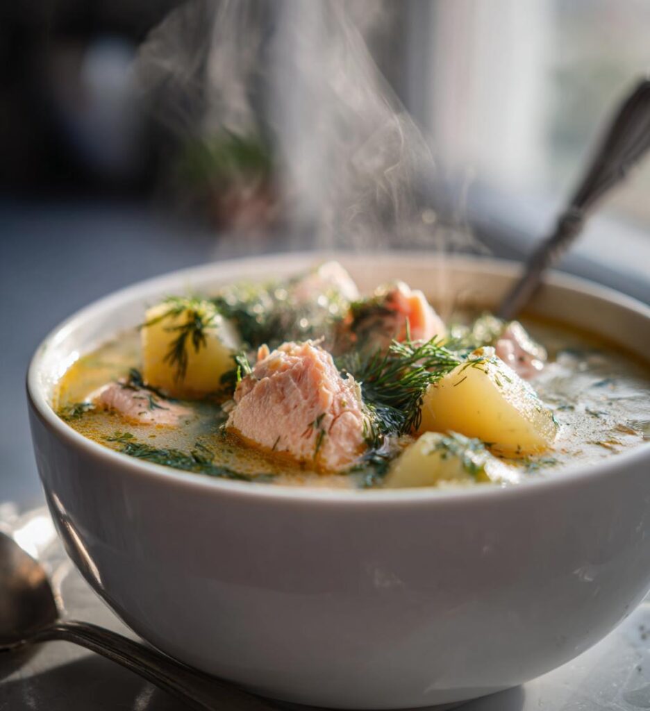 cremet laksesuppe med kartofler og dild, nordisk vintermad