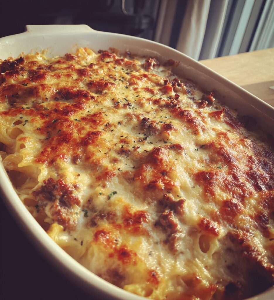 cremet pastagratin med hakket oksekød