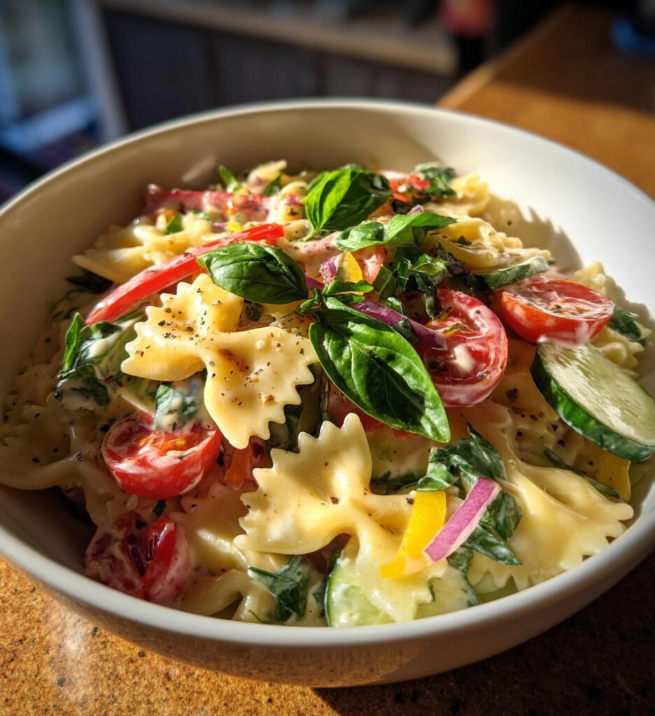 cremet pastasalat med grønt og urter