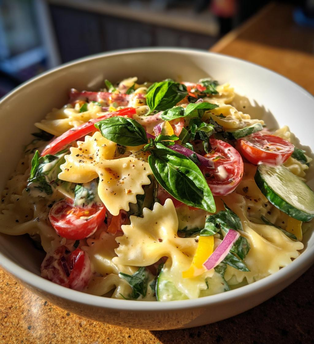 cremet pastasalat med grønt og urter