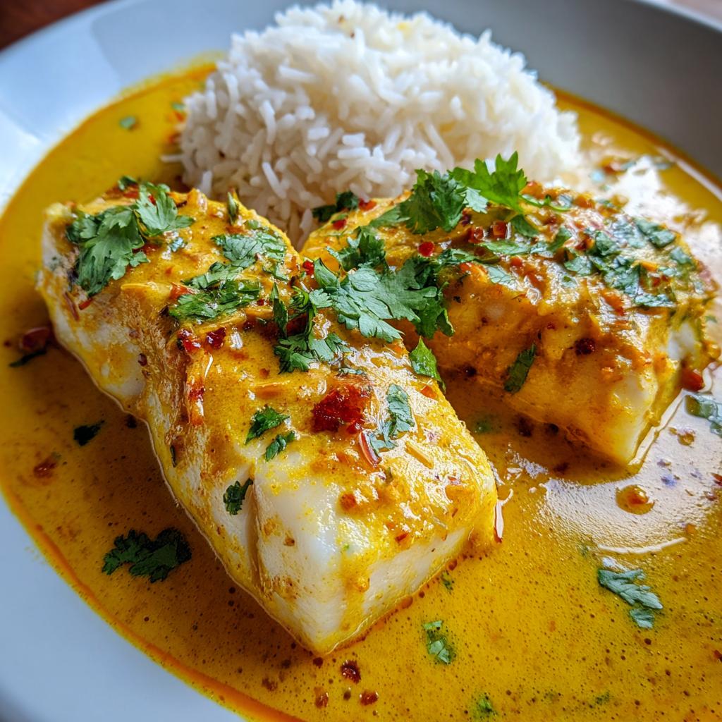 fisk i karrysovs med ris, mild og cremet fiskeret