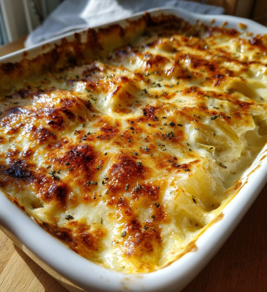 gratinerede porrer med fløde og ost