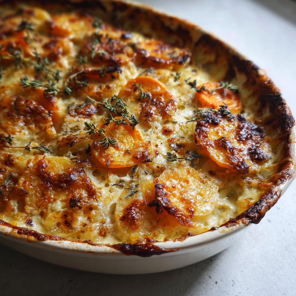 gratineret rodfrugt med timian og ost