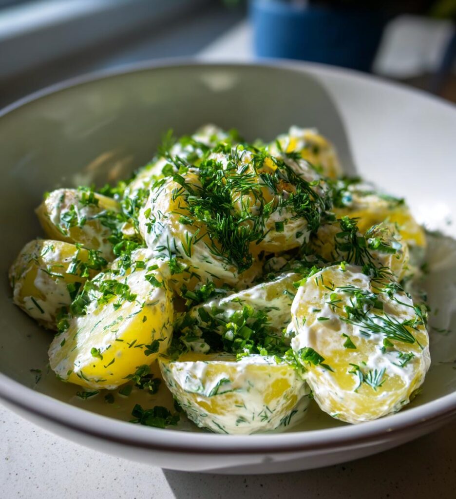 kartoffelsalat med yoghurt og urter, let og frisk