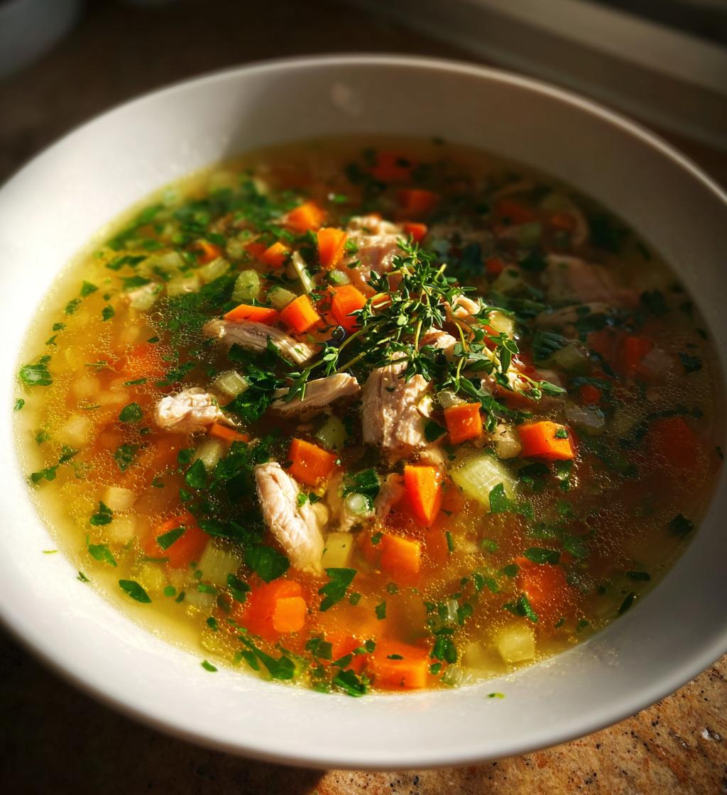 kyllingesuppe med grøntsager og urter, sund hverdagsmad - detail 1