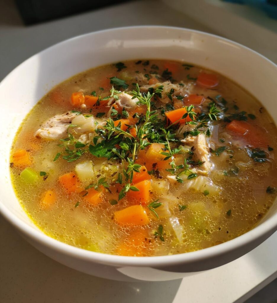 kyllingesuppe med grøntsager og urter, sund hverdagsmad