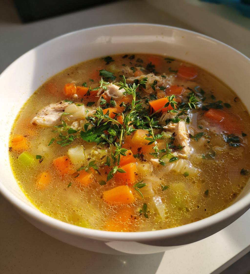 kyllingesuppe med grøntsager og urter, sund hverdagsmad