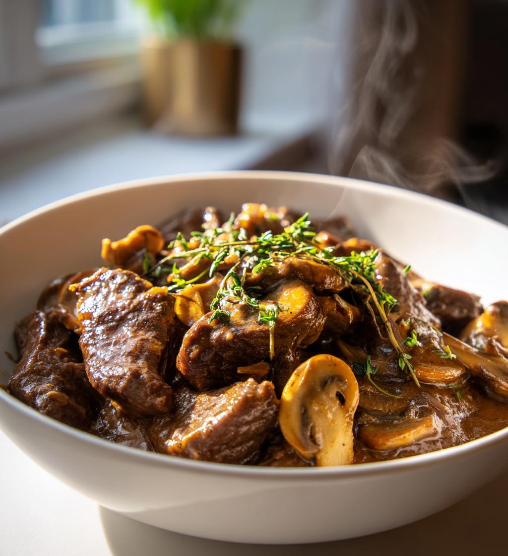oksekød i cremet svampesauce