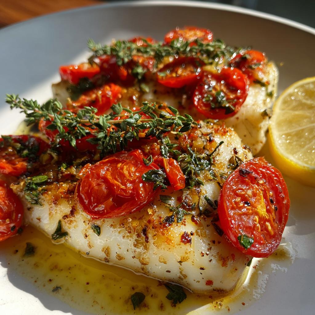 ovnbagt fisk med tomat og urter, let nordisk fiskeret