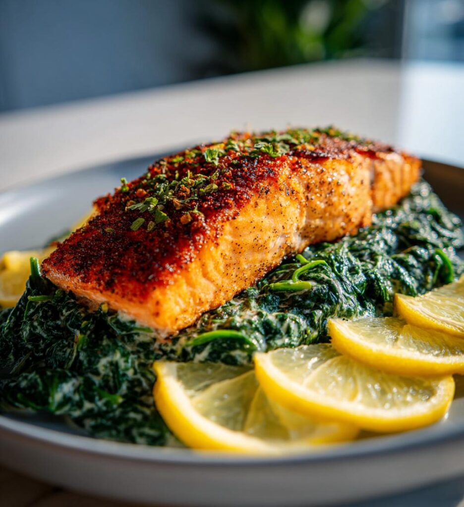 ovnbagt laks med cremet spinat og citron