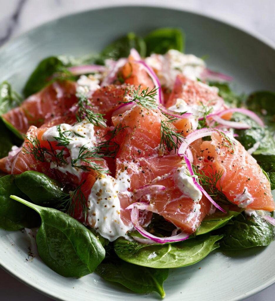 røget lakse salat med cremefraiche, nordisk brunch