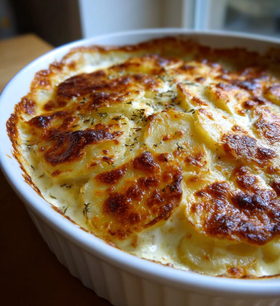 gratineret kartoffelmos med smør og hvidløg