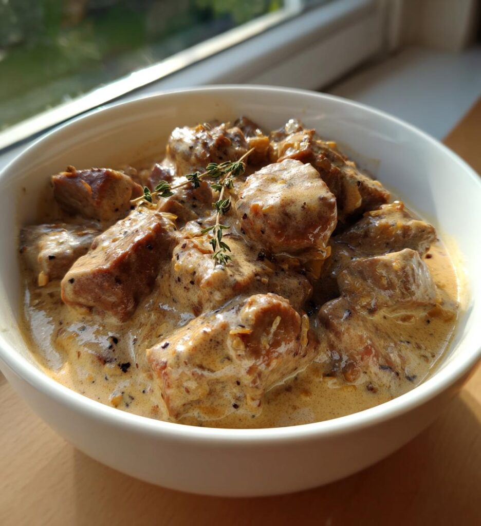 svinekød i cremet flødesauce